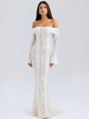 Almond Muse Alessandra Ivory Lace Maxi Dress with Off-Shoulder Neckline